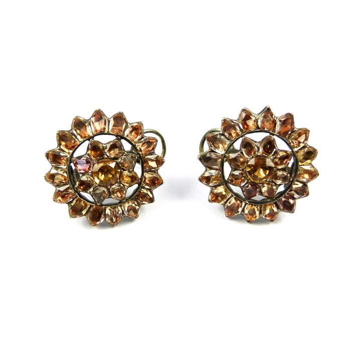 Pair of 18th century Portuguese topaz open cluster earrings
